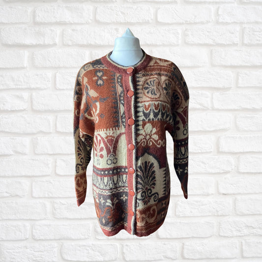 Vintage Brown and Cream Mohair Blend Abstract Print Cardigan. Approx U.K. size 16-24