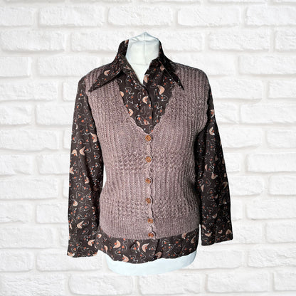 Hand Knitted Mink Brown Vintage Waistcoat with Cute Wooden Buttons.Approx UK size 8-10