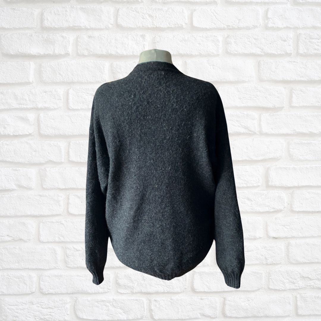 Vintage Dark Charcoal Wool Jumper with Decorated V-Neck Detail | Relaxed  Fit | Made in Italy.Approx UK size 18 - 24
