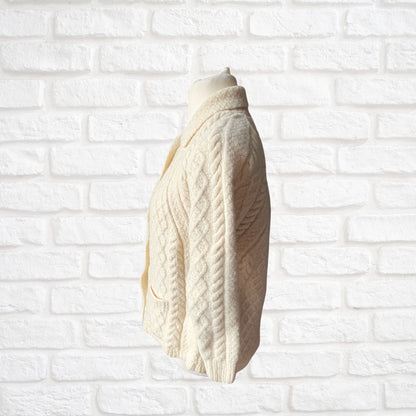 Cream Aran style Wool Vintage Cardigan with Wooden Buttons - Classic heritage piece.  Approx UK size 10- 14