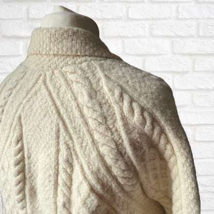 Cream Aran style Wool Vintage Cardigan with Wooden Buttons - Classic heritage piece.  Approx UK size 10- 14