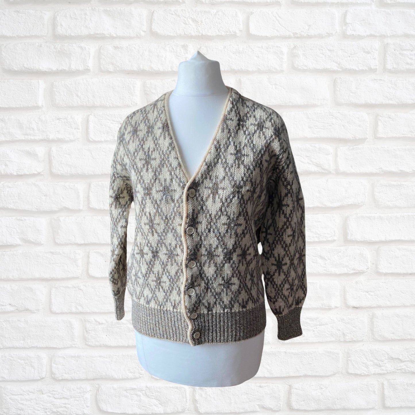 Vintage cream, brown and grey Nordic style wool cardigan. Approx U.K. size 6- 8