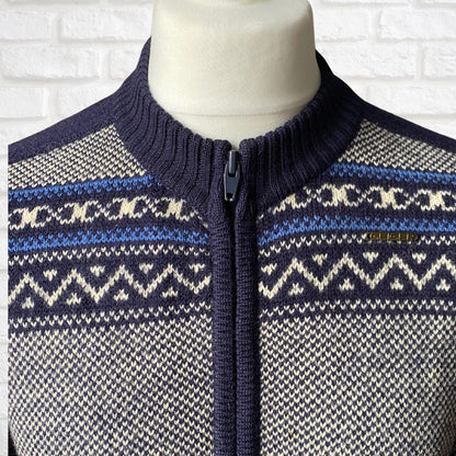 Vintage Blue and White Patterned  Zip Up Wool Cardigan. Approx UK size L -  XL ( men) / 20-22 (women)