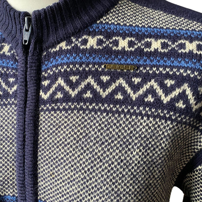 Vintage Blue and White Patterned  Zip Up Wool Cardigan. Approx UK size L -  XL ( men) / 20-22 (women)