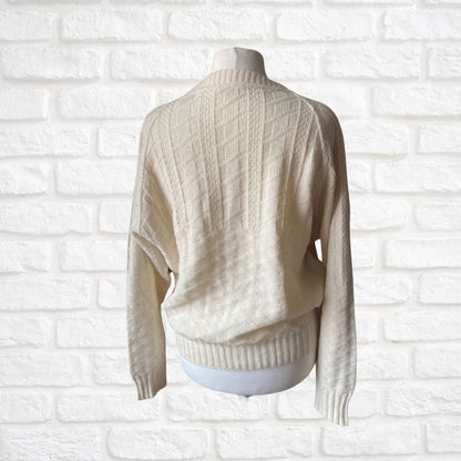 Italian Vintage Cream Textured Knit Wool Blend Crew Neck Jumper. Approx UK size 20-24 ( women ) / XL to XXL (men)