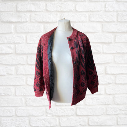 Vintage 80s Burgundy and Black Botanical Print Cardigan: Warm and Stylish Cover-Up. Approx UK size 14-18