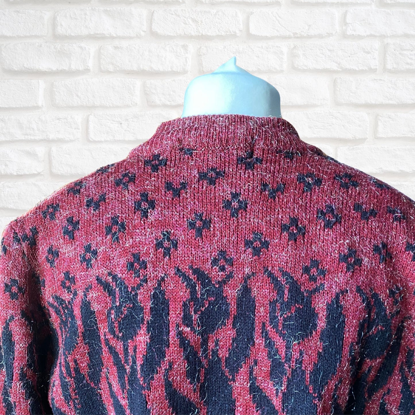 Vintage 80s Burgundy and Black Botanical Print Cardigan: Warm and Stylish Cover-Up. Approx UK size 14-18