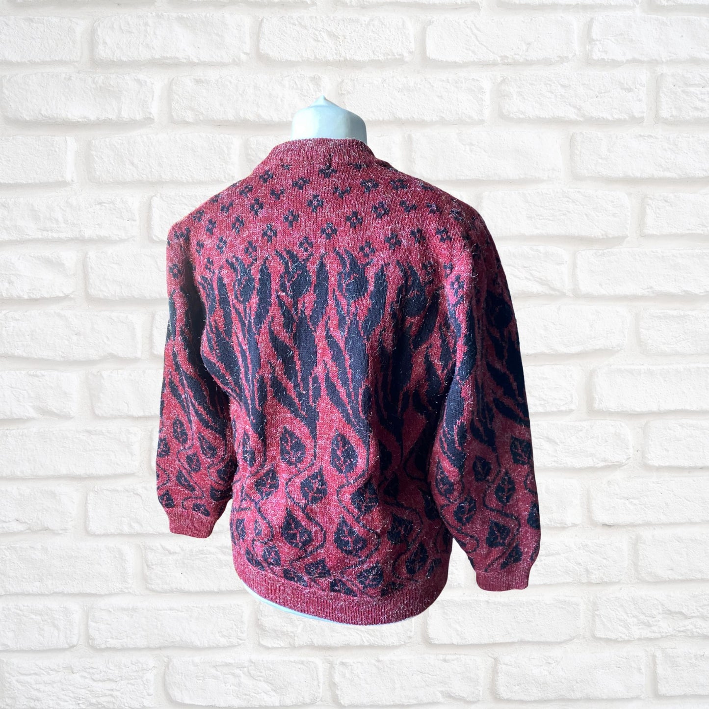 Vintage 80s Burgundy and Black Botanical Print Cardigan: Warm and Stylish Cover-Up. Approx UK size 14-18