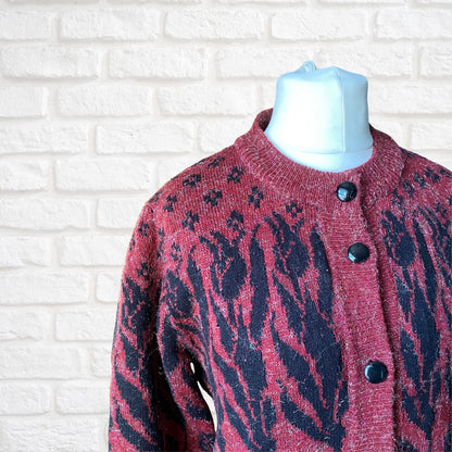 Vintage 80s Burgundy and Black Botanical Print Cardigan: Warm and Stylish Cover-Up. Approx UK size 14-18