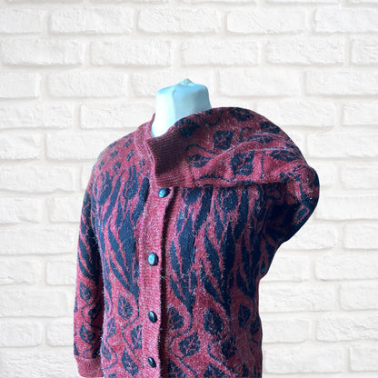 Vintage 80s Burgundy and Black Botanical Print Cardigan: Warm and Stylish Cover-Up. Approx UK size 14-18