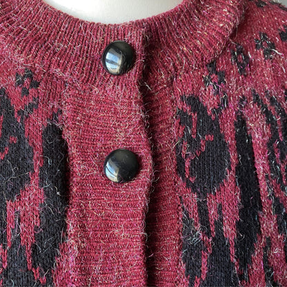 Vintage 80s Burgundy and Black Botanical Print Cardigan: Warm and Stylish Cover-Up. Approx UK size 14-18