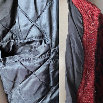 Vintage 80s Burgundy and Black Botanical Print Cardigan: Warm and Stylish Cover-Up. Approx UK size 14-18