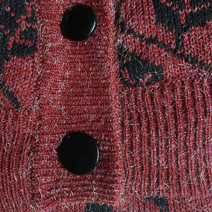Vintage 80s Burgundy and Black Botanical Print Cardigan: Warm and Stylish Cover-Up. Approx UK size 14-18