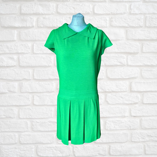 Bright Green Short Sleeved 60s Scooter Dress with Pleated Skirt .Approx UK  size 8-10