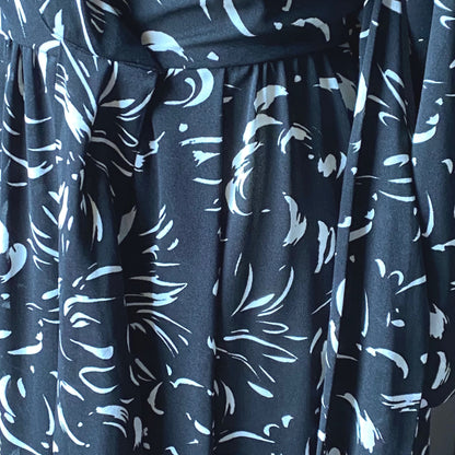 70s Vintage  Black and White Abstract Print Faux Wrap Maxi Dress. Approx UK size 10