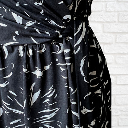 70s Vintage  Black and White Abstract Print Faux Wrap Maxi Dress. Approx UK size 10