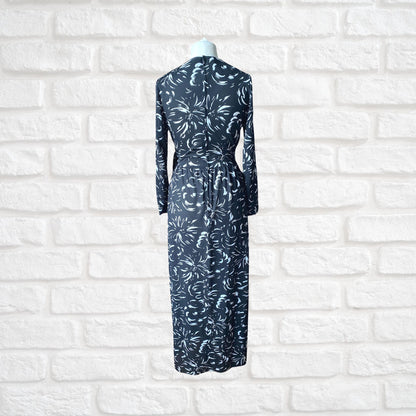 70s Vintage  Black and White Abstract Print Faux Wrap Maxi Dress. Approx UK size 10