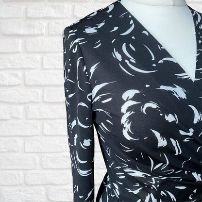 70s Vintage  Black and White Abstract Print Faux Wrap Maxi Dress. Approx UK size 10