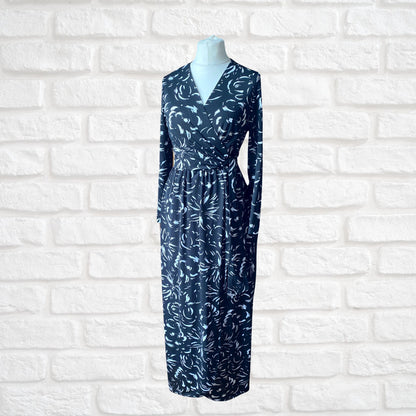 70s Vintage  Black and White Abstract Print Faux Wrap Maxi Dress. Approx UK size 10