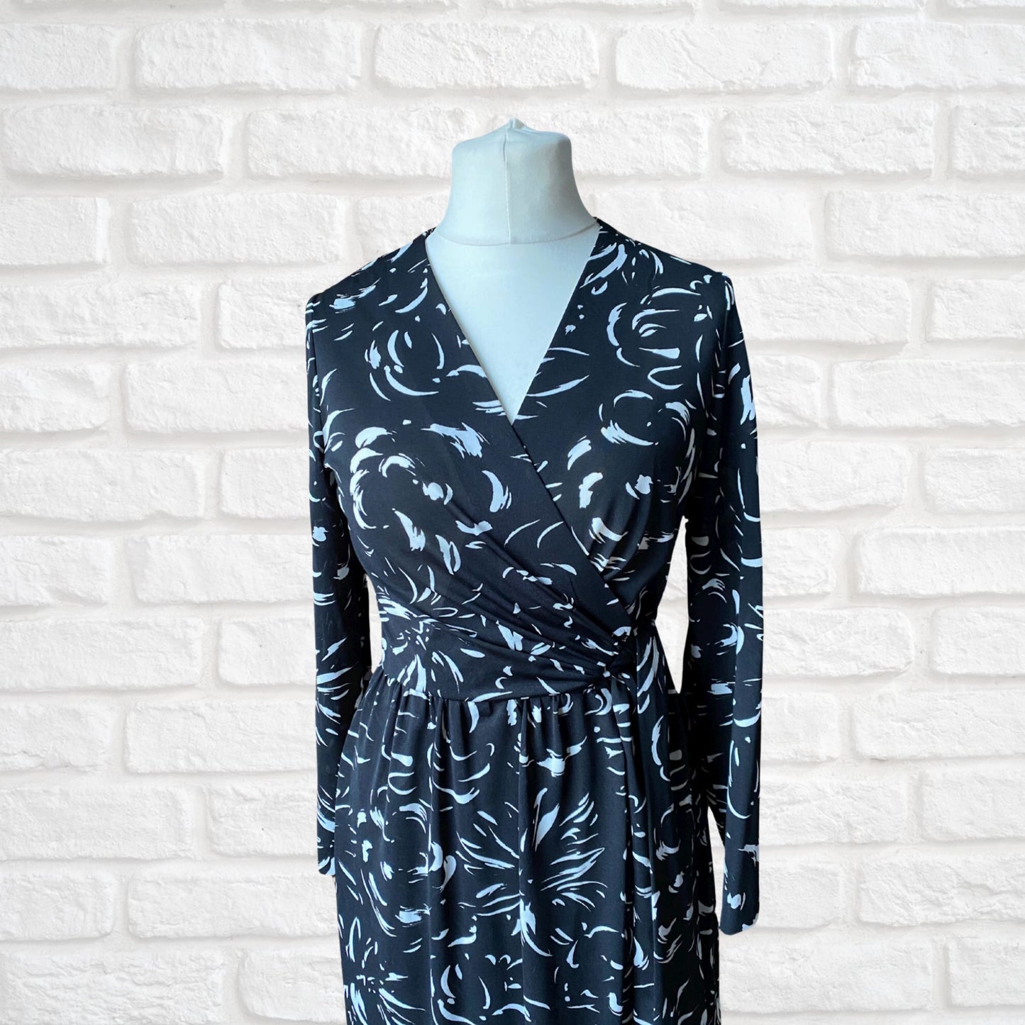 70s Vintage  Black and White Abstract Print Faux Wrap Maxi Dress. Approx UK size 10