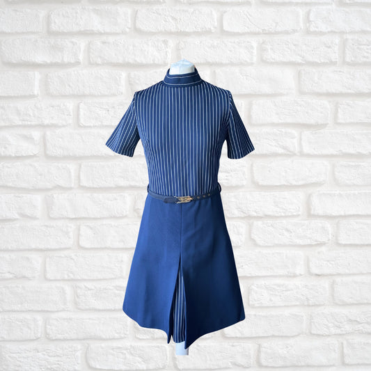 60s Vintage Mod Style Navy Blue and White Scooter Dress with Matching Belt. Approx UK size 8-10