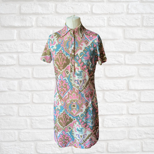 Vintage 60s Psychedelic Print Blue, Brown, Pink, and White Collared Scooter Dress  Approx UK size 12-14