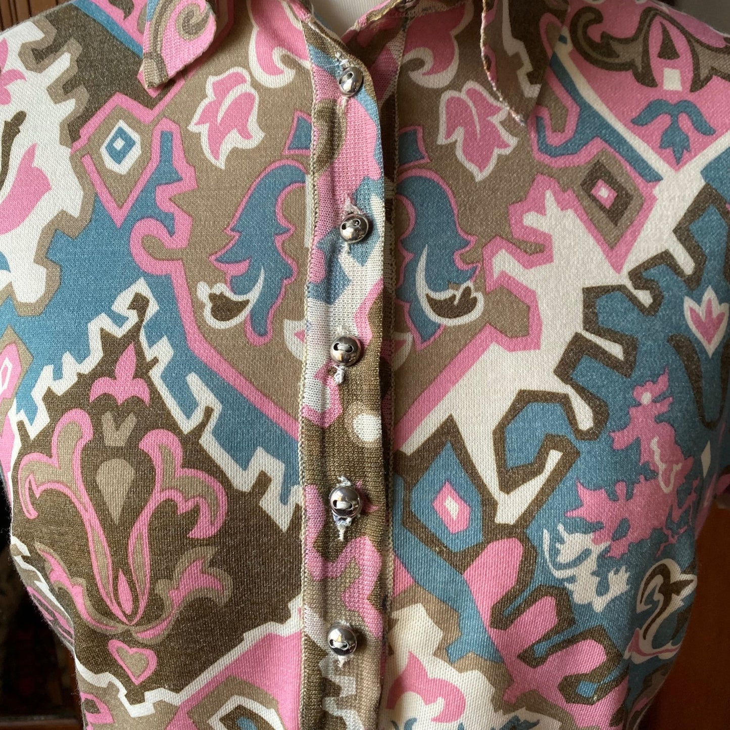 Vintage 60s Psychedelic Print Blue, Brown, Pink, and White Collared Scooter Dress  Approx UK size 12-14