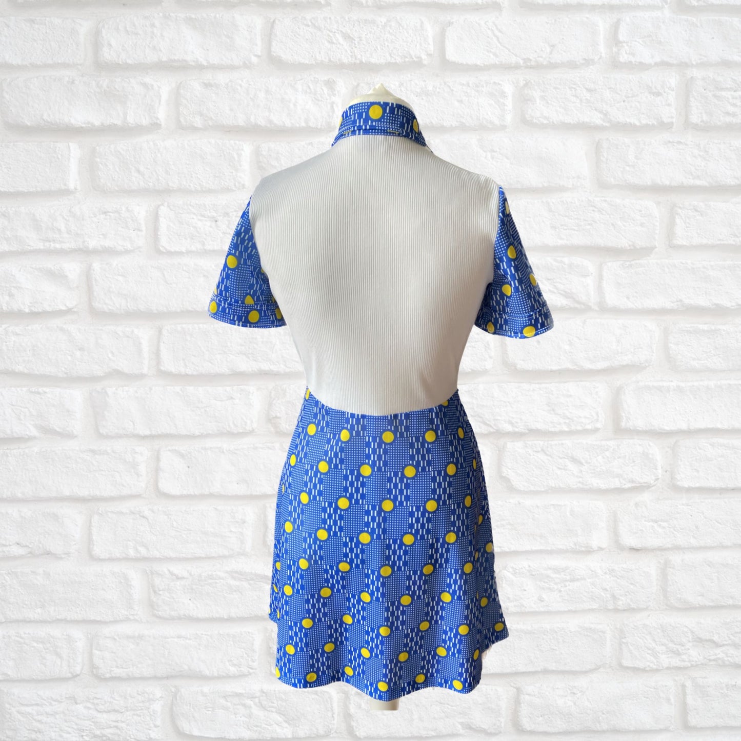 60s Blue and Yellow Geometric Print Mini Shirt Dress.  Approx UK size 10-12