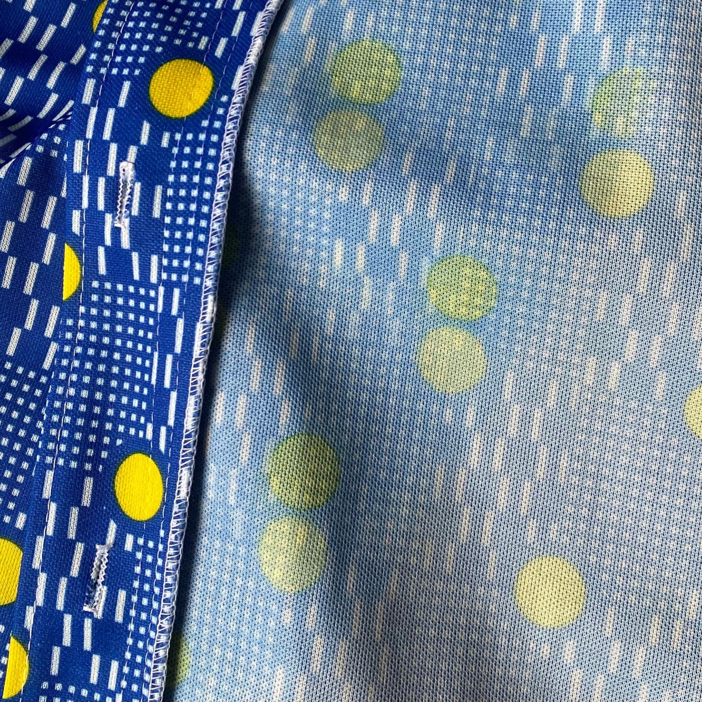 60s Blue and Yellow Geometric Print Mini Shirt Dress.  Approx UK size 10-12