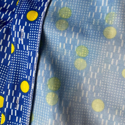 60s Blue and Yellow Geometric Print Mini Shirt Dress.  Approx UK size 10-12