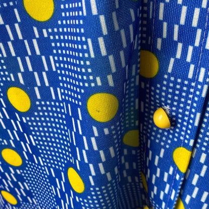 60s Blue and Yellow Geometric Print Mini Shirt Dress.  Approx UK size 10-12