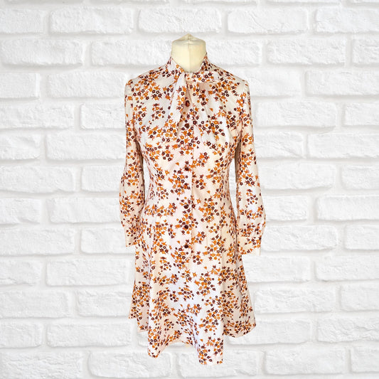 Vintage Cream and Brown Floral Print Dress with Tie Neck. Approx UK size 12-14
