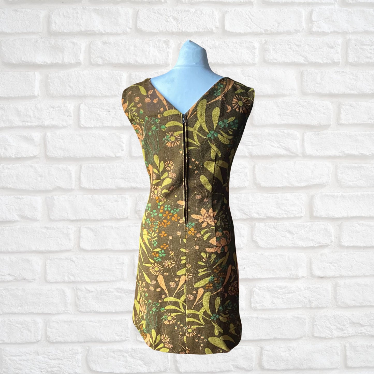 Vintage 60s Green, Peach and Brown Floral Print Mini Dress. Approx UK size 8-10