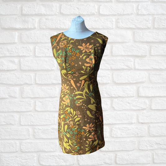 Vintage 60s Green, Peach and Brown Floral Print Mini Dress. Approx UK size 8-10