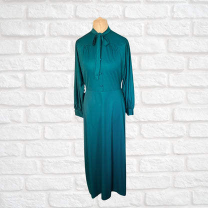70s Vintage Teal Long Sleeved Maxi Dress by Peggy Page. Approx UK size 14-16