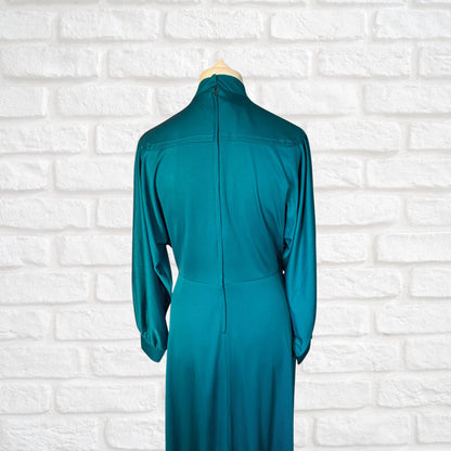 70s Vintage Teal Long Sleeved Maxi Dress by Peggy Page. Approx UK size 14-16