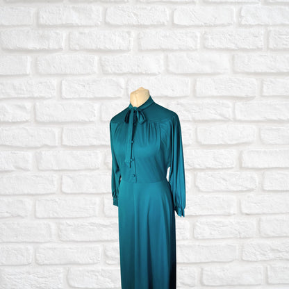 70s Vintage Teal Long Sleeved Maxi Dress by Peggy Page. Approx UK size 14-16