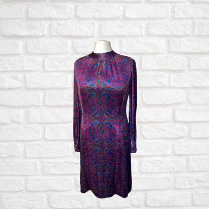 Vintage Velvet Purple Paisley 60s Style A line Dress. Approx UK size 14-16