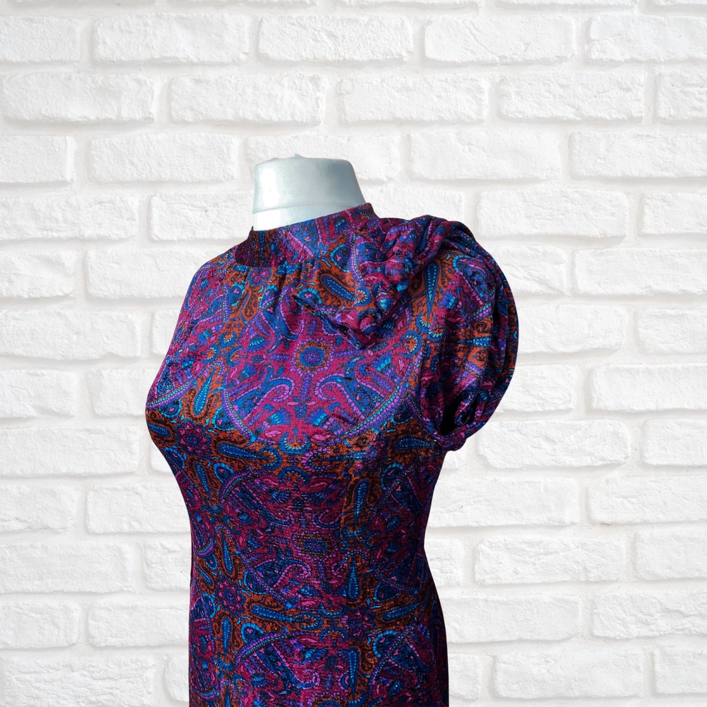 Vintage Velvet Purple Paisley 60s Style A line Dress. Approx UK size 14-16