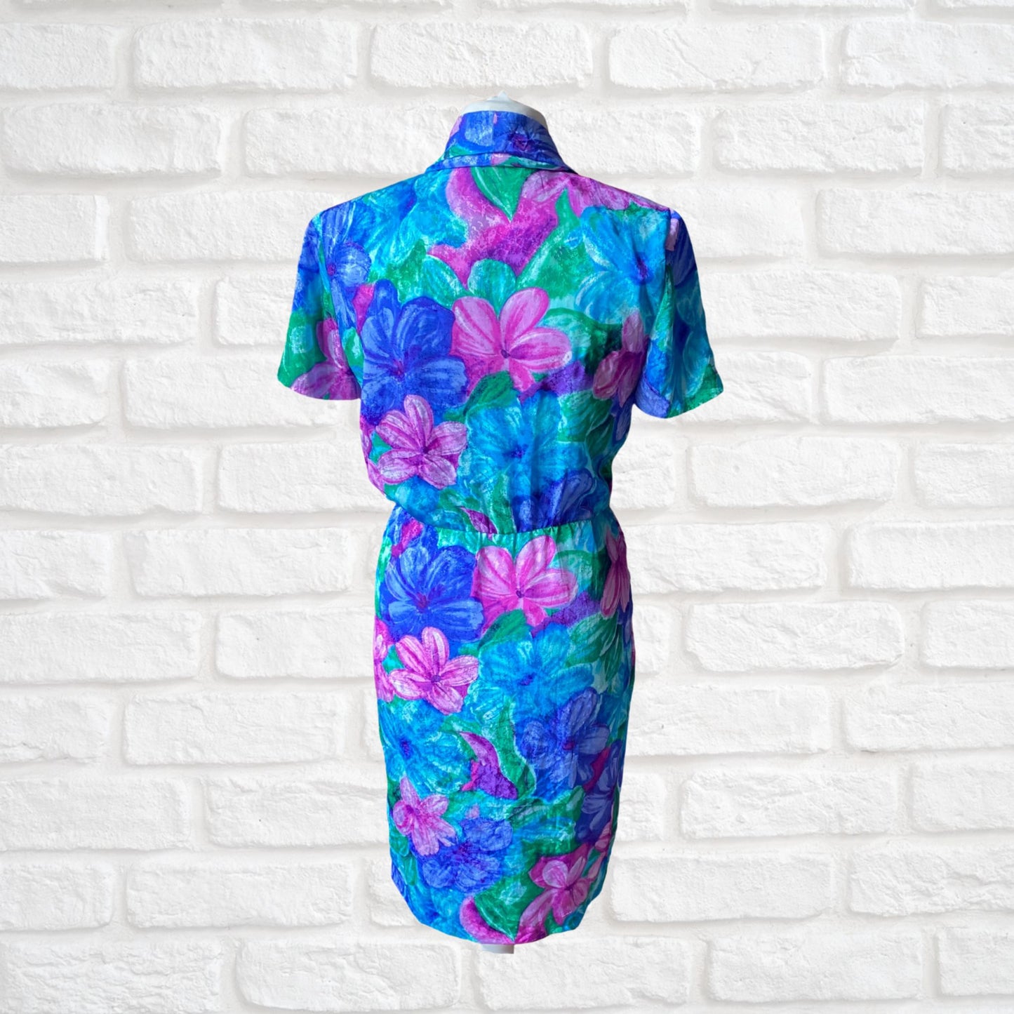 Vintage 80s Silky Purple, Pink, Green, and Blue Floral Wrap  Dress. Approx UK size 12-14