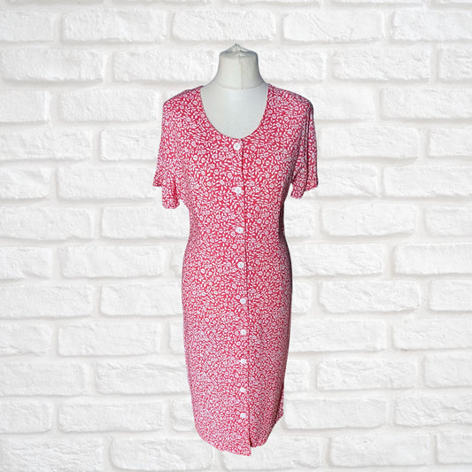 Vintage 80s Pink and White Floral Button Down Midi Dress . Approx UK size 12-14