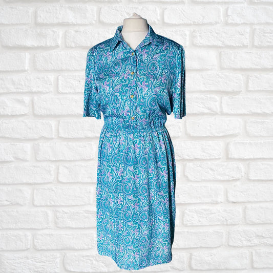 Vintage 80s Purple and Teal Silky Paisley Short-Sleeved Midi Dress.Approx UK size 16-18