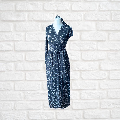 70s Vintage  Black and White Abstract Print Faux Wrap Maxi Dress. Approx UK size 10