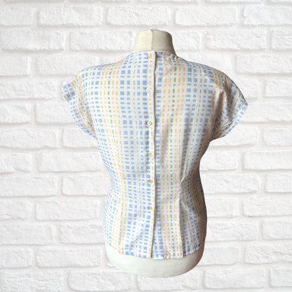 Vintage 50s Style Tie Front Geometric Print Blouse with Button Up Back. Approx UK size 12-14