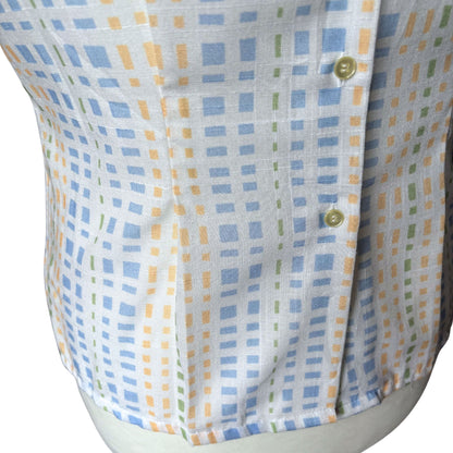 Vintage 50s Style Tie Front Geometric Print Blouse with Button Up Back. Approx UK size 12-14
