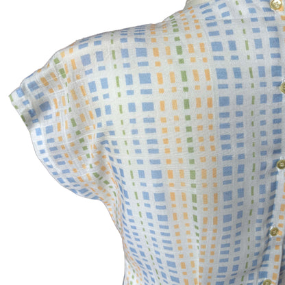 Vintage 50s Style Tie Front Geometric Print Blouse with Button Up Back. Approx UK size 12-14