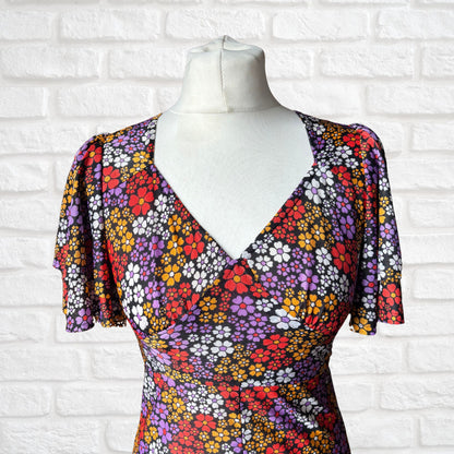 Vintage 70s Black and Bright Floral Print Dress Dress with Angel Sleeves. Approx UK size 8-10