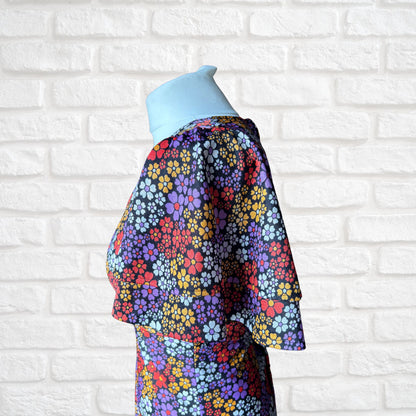Vintage 70s Black and Bright Floral Print Dress Dress with Angel Sleeves. Approx UK size 8-10