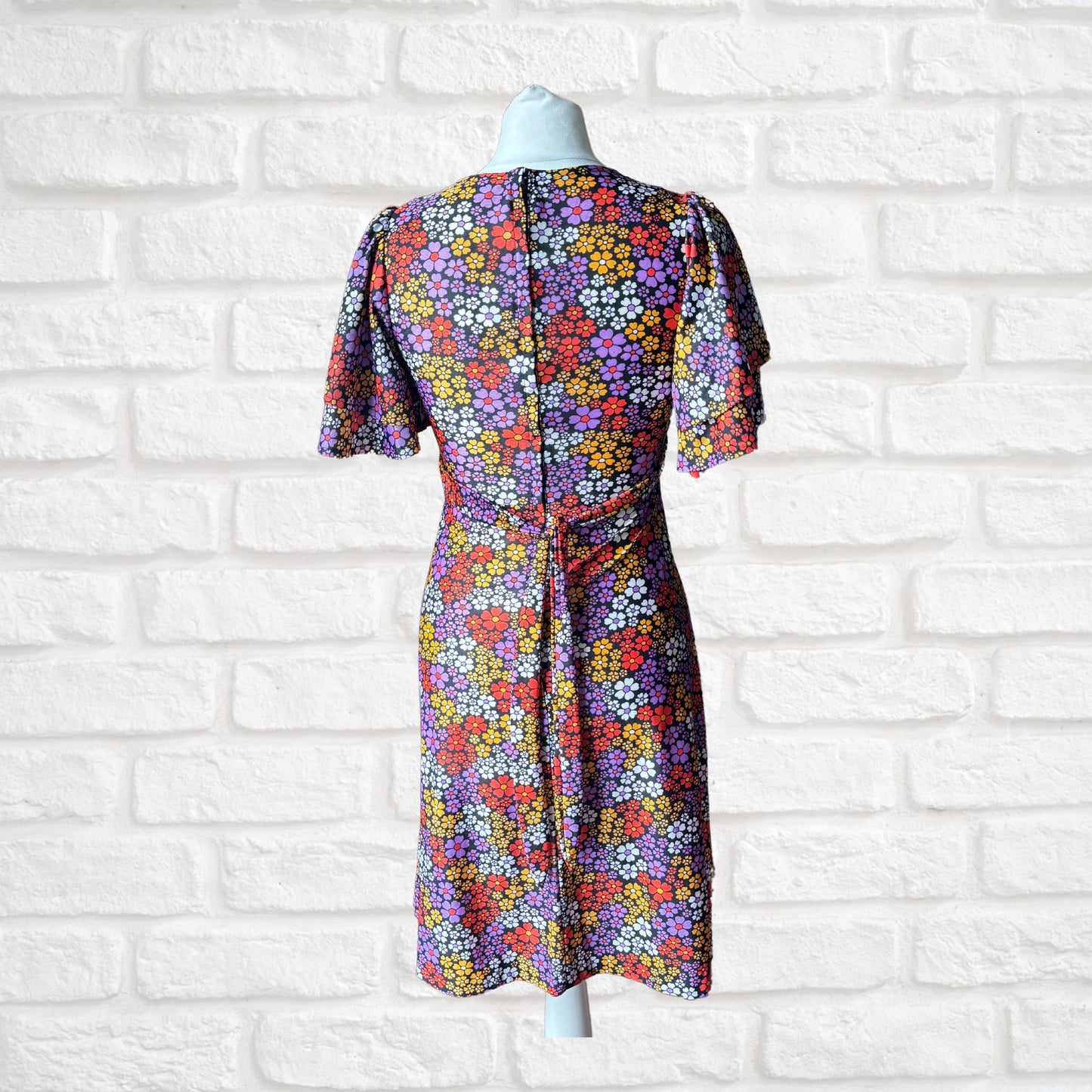 Vintage 70s Black and Bright Floral Print Dress Dress with Angel Sleeves. Approx UK size 8-10