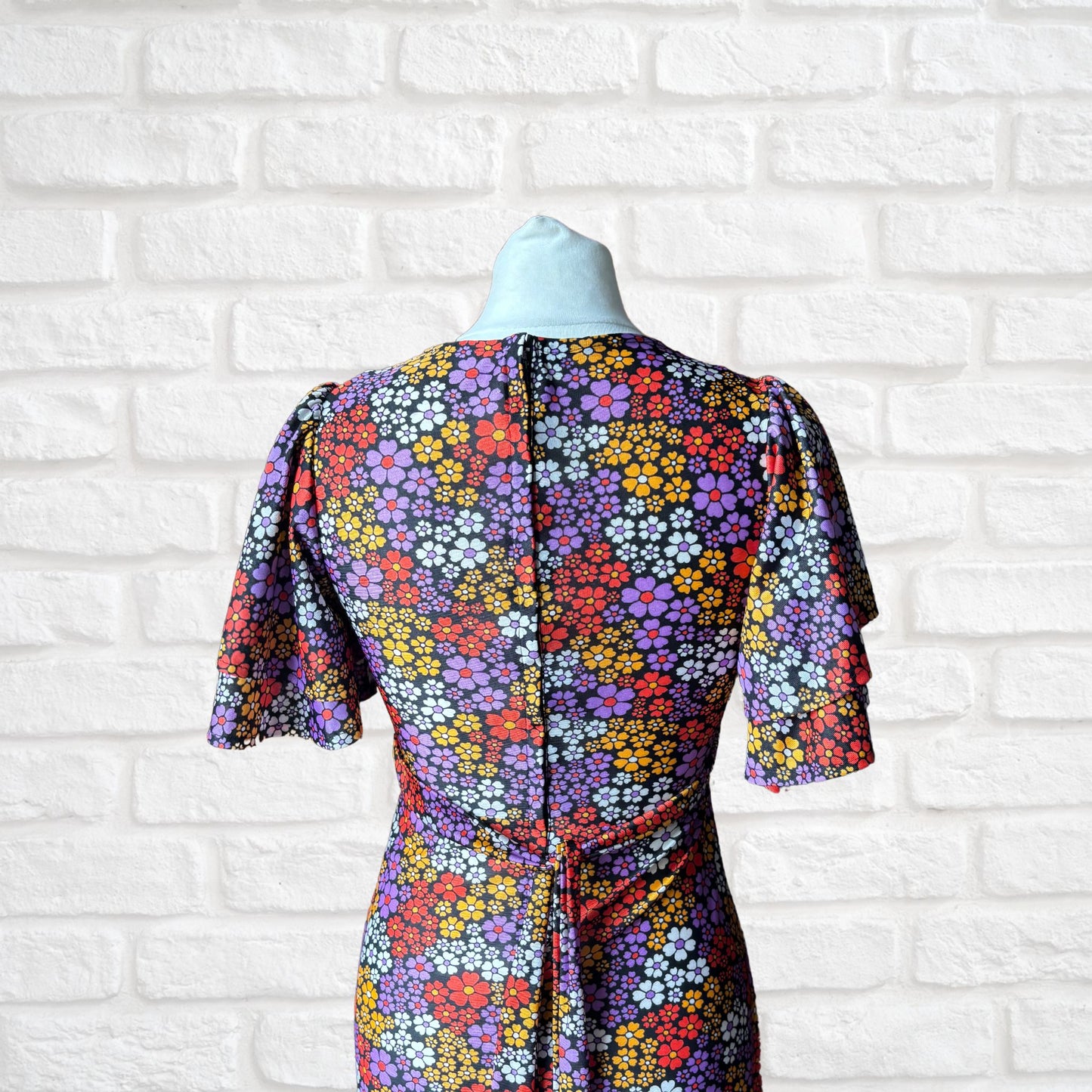 Vintage 70s Black and Bright Floral Print Dress Dress with Angel Sleeves. Approx UK size 8-10